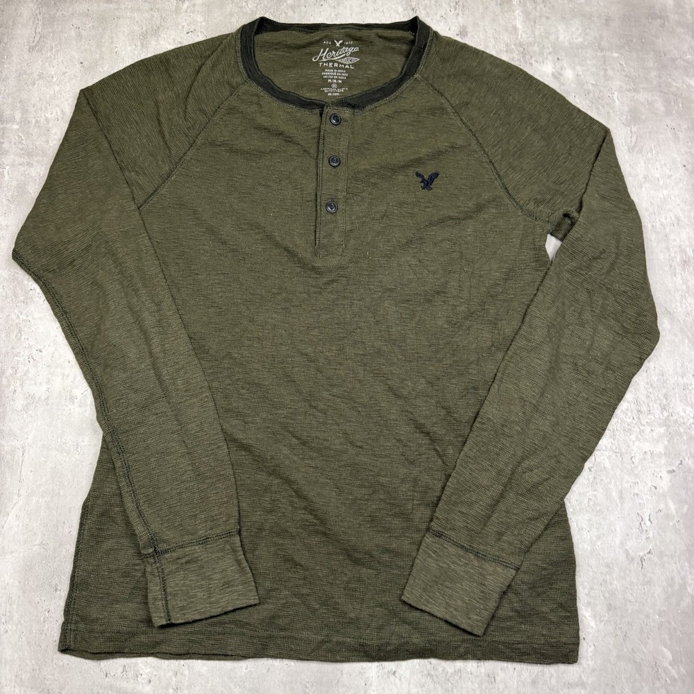 American Eagle Mens Heritage Thermal Henley Shirt Size M Green Y2K Rugged Skater